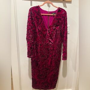 Dress the Population Fuchsia Sequin Velvet Long Sleeve Dress